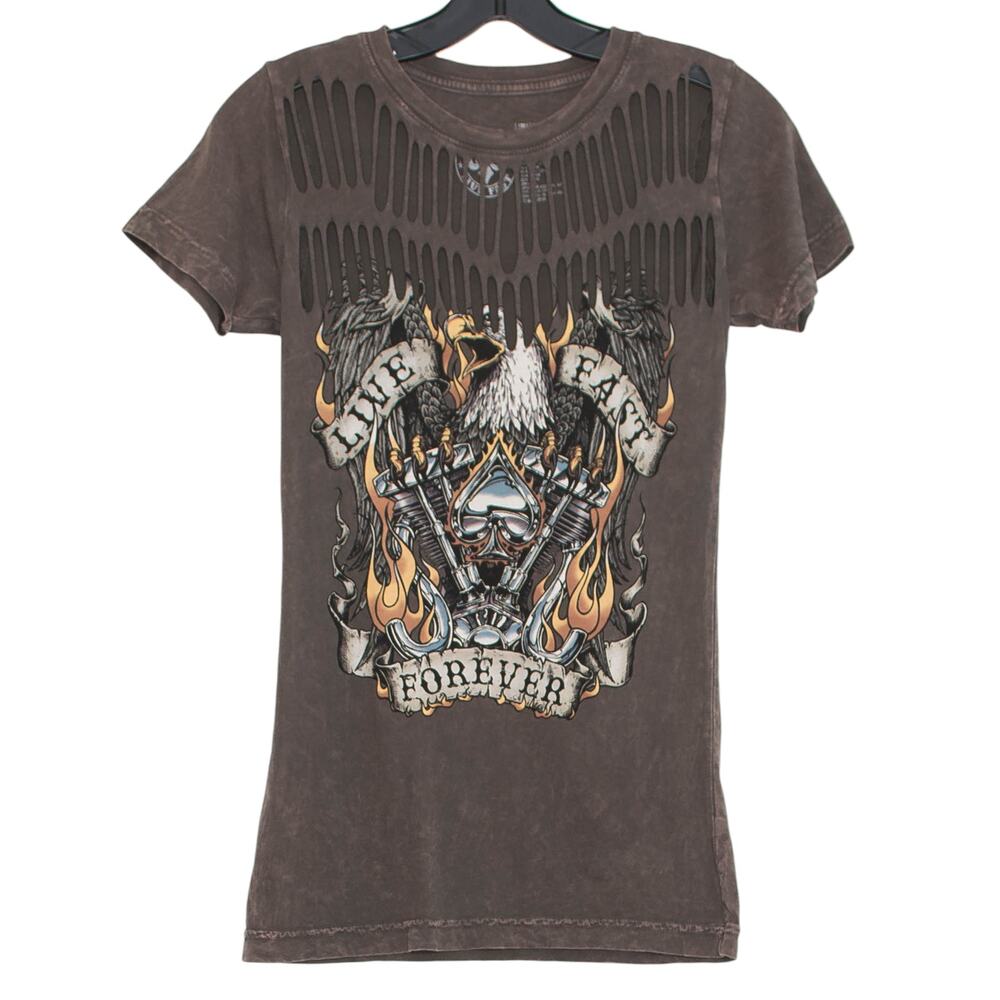 Affliction Top Y2K Grunge Festival Biker Americana Distressed Boho Brown Small